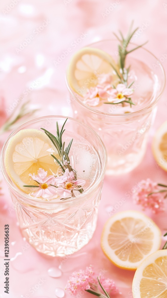 Summer cocktail with edible flowers and rosemary in rose pink shades with magic sun glare light. Modern minimalist aesthetic. Summer cocktail with edible flowers and rosemary in rose pink shades with magic sun glare light. Modern minimalist aesthetic.