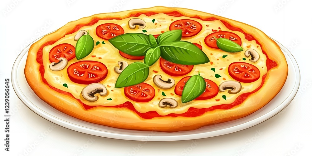 Delicious Mushroom and Tomato Pizza on a Plate Italian Cuisine Food Photography Delicious Mushroom and Tomato Pizza on a Plate Italian Cuisine Food Photography