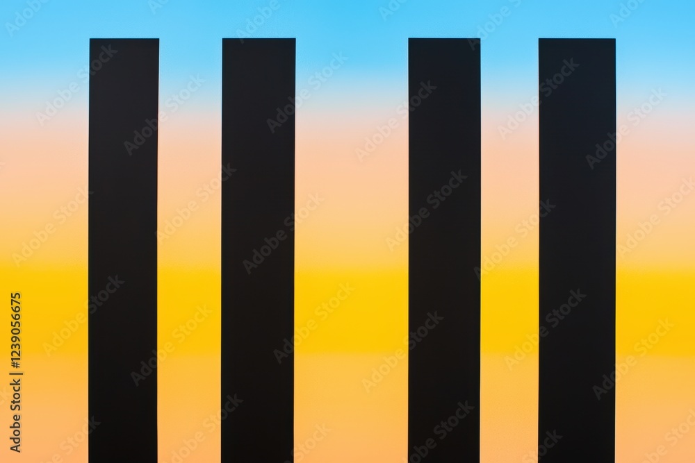 Obraz premium Thin black vertical bars overlaying a bold gradient from cool blue to warm yellow, creating a striking and futuristic composition