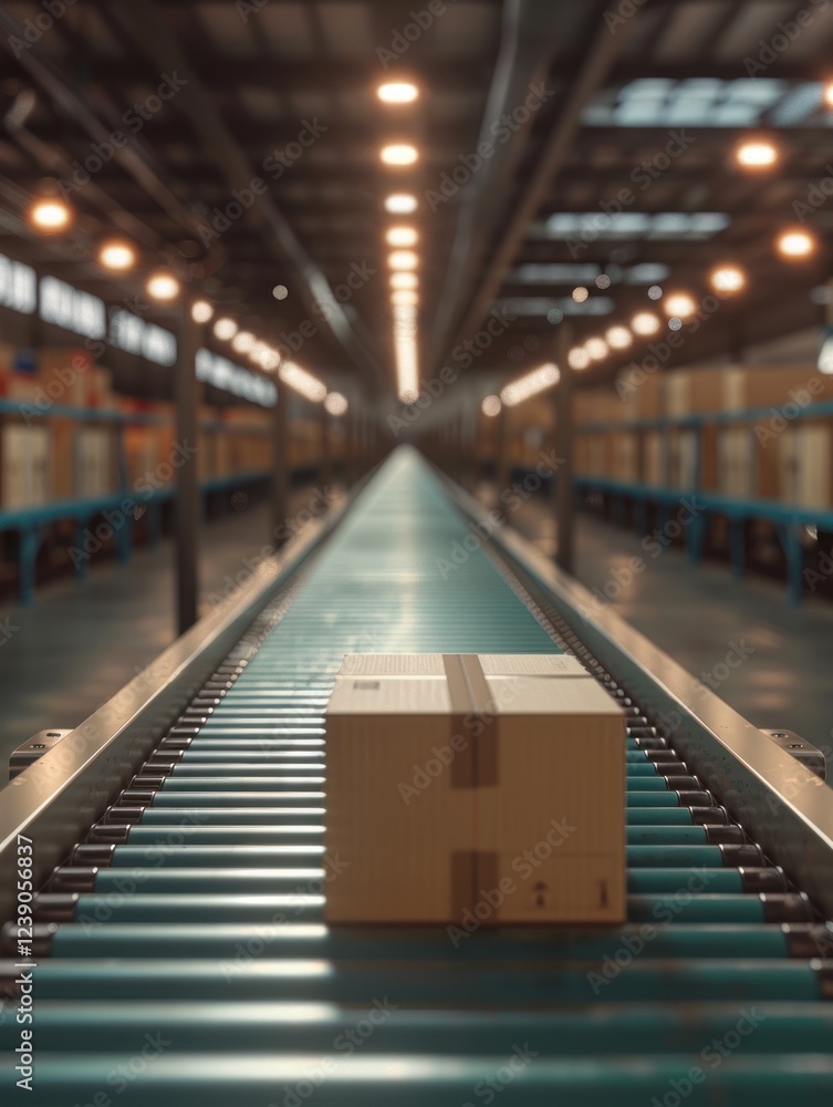 Cardboard boxes glide along a conveyor in a warmly lit warehouse Cardboard boxes glide along a conveyor in a warmly lit warehouse