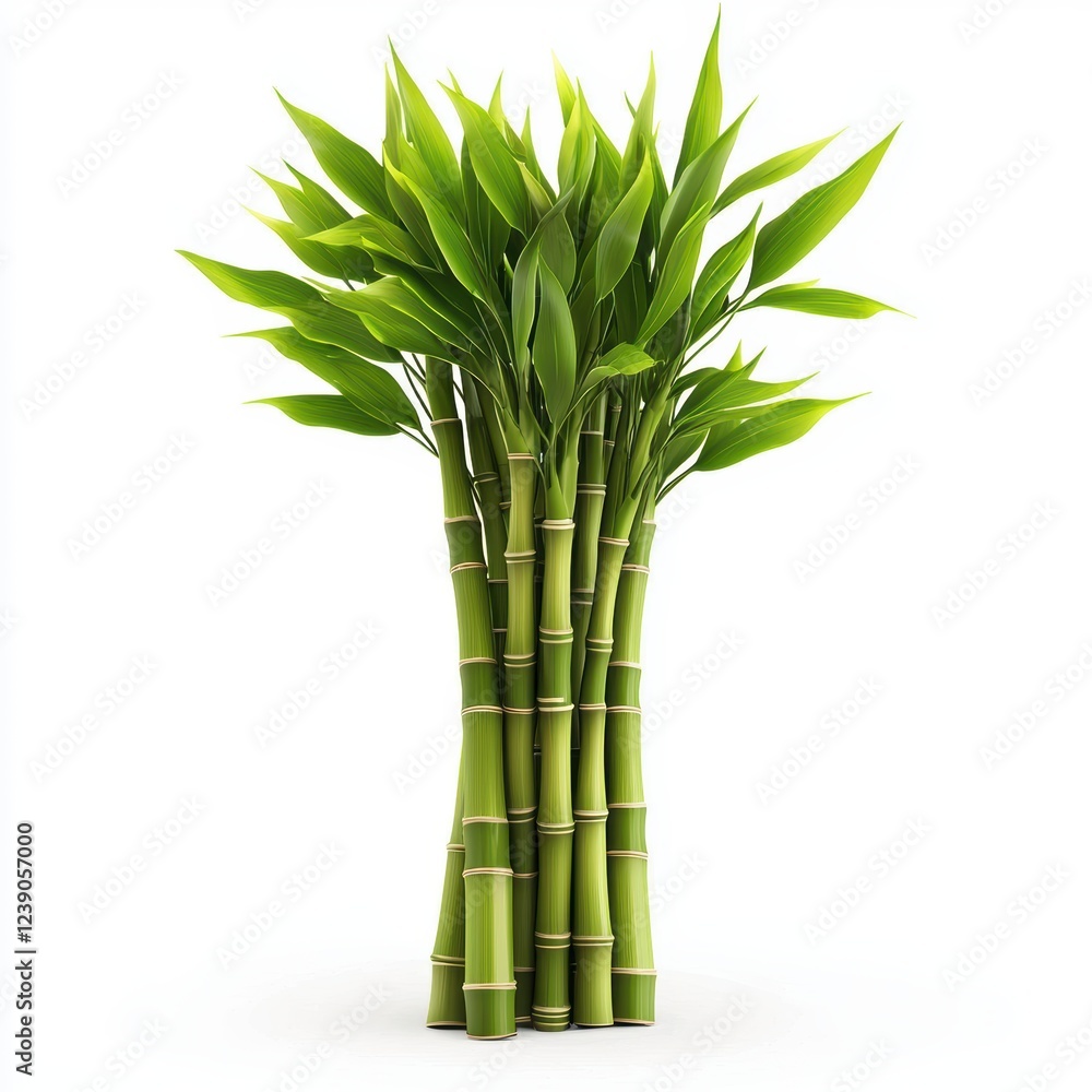 Fototapeta premium Bamboo stalks with fresh green leaves, isolated on white background