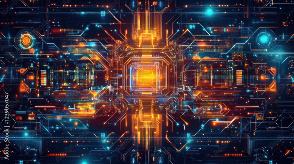 Abstract digital circuit board with glowing orange and blue lines. Abstract digital circuit board with glowing orange and blue lines.