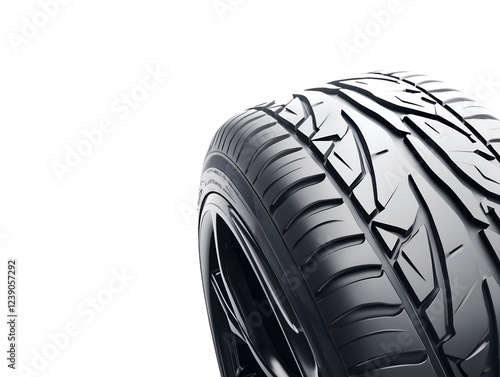 Close-up of a performance tire with aggressive tread pattern and a sleek rim, isolated on transparent background, PNG, cut out