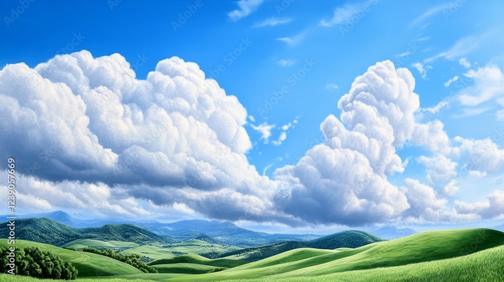 Obraz premium Serene Rolling Hills Under a Summer Sky - Lush green hills gently roll under a vibrant blue sky filled with fluffy white cumulus clouds. A picturesque landscape perfect for nature lovers.