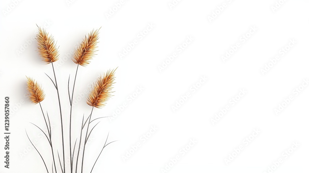 Dried Wheat Stalks with Golden Feathers on a Minimalist White Background Dried Wheat Stalks with Golden Feathers on a Minimalist White Background