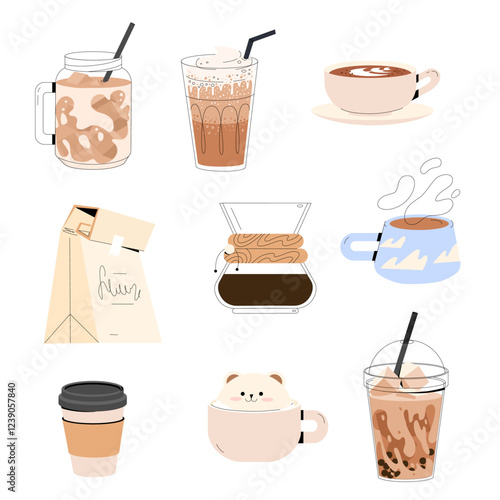 Hot and cold beverage. Different types of drinks set. Espresso, americano cup, cappuccino and latte in paper mug, iced macchiato in glass. Flat vector illustrations isolated on white background