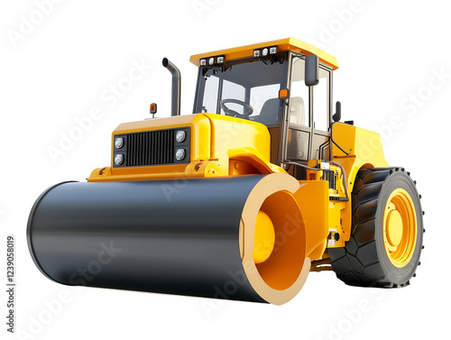 Yellow road roller isolated on transparent background, PNG, cut out, powerful machine for construction and infrastructure projects