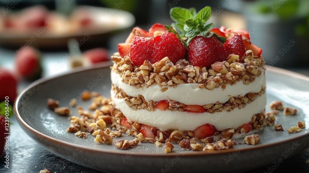 A serving of Greek yogurt parfait with layers of crushed nuts, yogurt, and strawberries A serving of Greek yogurt parfait with layers of crushed nuts, yogurt, and strawberries