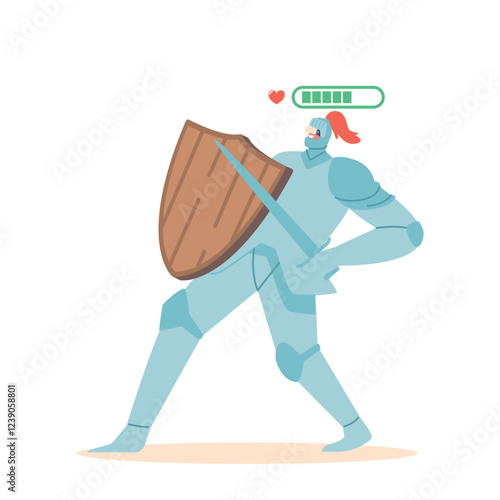 Knight Wearing Virtual Reality Glasses Immersed In Popular Video Game Of The Mmorpg Genre. Isolated Player Wear Armor