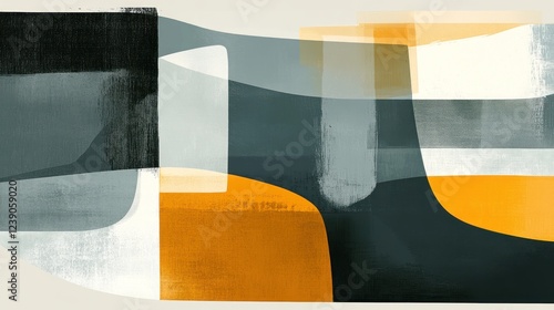 Abstract art painting with grey, orange, and white shapes.