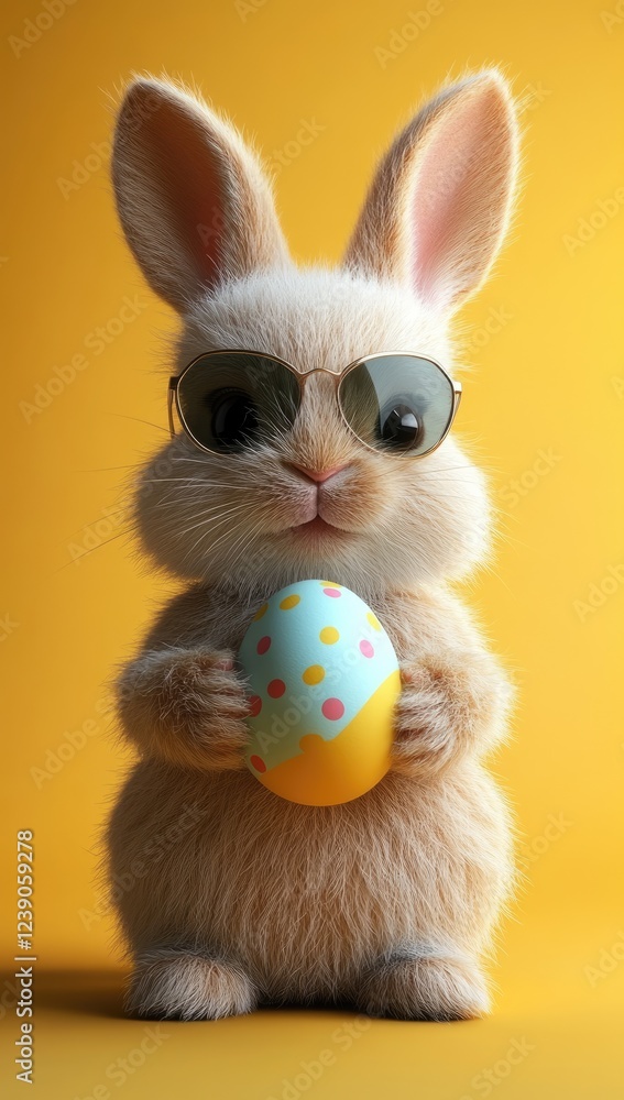 Fototapeta premium Cute fluffy bunny rabbit wearing sunglasses holds a pastel Easter egg against a yellow background. The image is digitally rendered with a slightly pixelated texture. The bunny is light tan, the egg