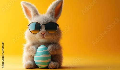 Cute fluffy bunny rabbit wearing sunglasses holds a pastel blue and white striped Easter egg against a vibrant yellow background. The image is digitally created with a soft focus and features a photo