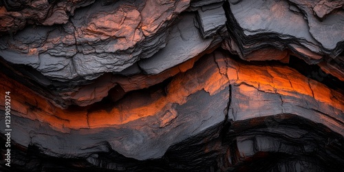 Dramatic Rock Formation Texture Dark Grey and Orange Hues Layered Stone Cliff Face
