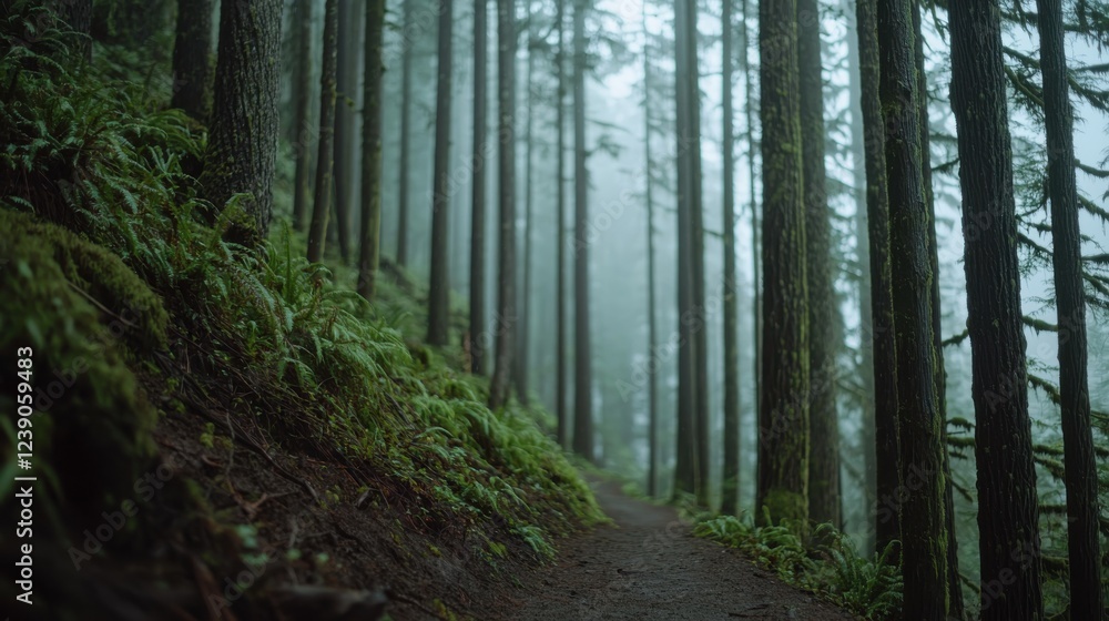 Fototapeta premium A serene forest path surrounded by tall trees, enveloped in mist, creating a tranquil and mysterious atmosphere.