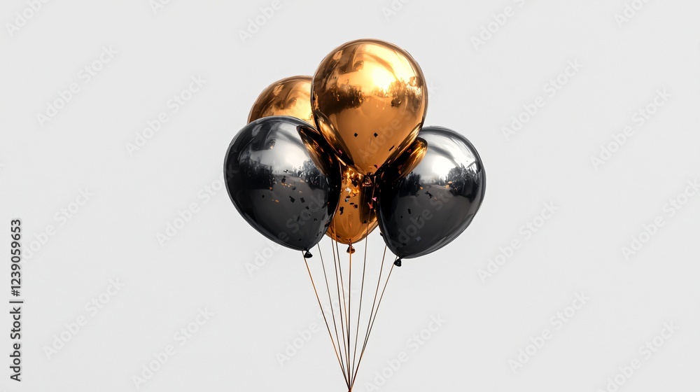 Gold and black balloons float against white Gold and black balloons float against white