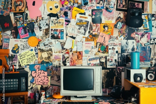 Collage adorned workspace with vintage computer monitor