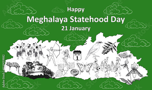 A vibrant graphic celebrating Meghalaya Statehood Day on January 21, featuring a stylized map adorned with icons symbolizing the state's unique identity and rich heritage. photo