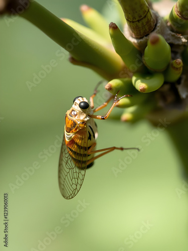 A cicada sits on a tree at summer, closeup shot. Singing loudly to call the female. Intense buzzing of cicadas. Cicada Lyristes plebejus. Selective focus photo