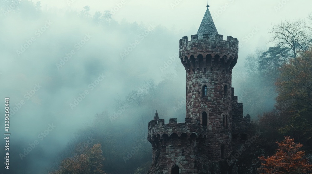 Naklejka premium Stone Castle Tower Enveloped in Misty Forest