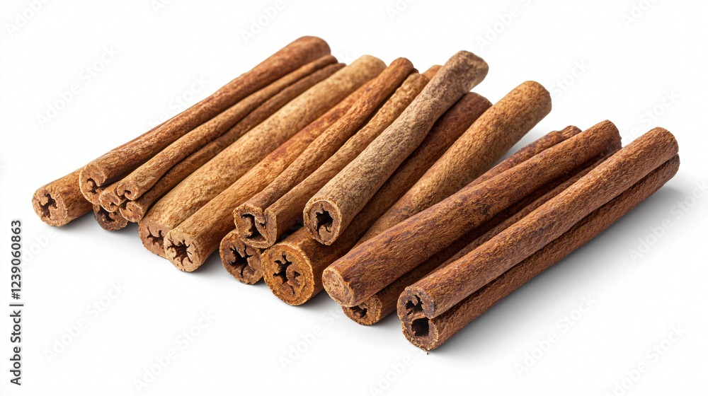 Group of Cinnamon Sticks Arranged in a Pile on a White Surface Showing Various Textures and Shapes. Group of Cinnamon Sticks Arranged in a Pile on a White Surface Showing Various Textures and Shapes.