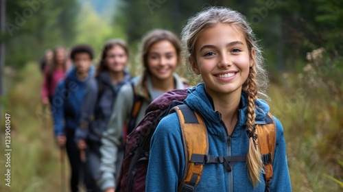 Group of hikers walking on a trail in a forest with a girl in focus smiling at the camera