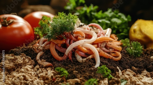 A mix of fresh vegetables with earthworms crawling on compost, promoting soil health and sustainability photo