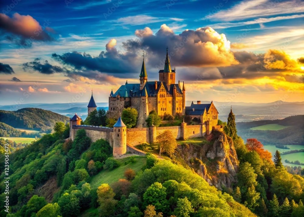 Fototapeta premium Majestic Castle Perched Atop a Hilltop with Expansive Sky