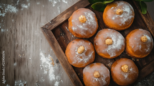 Pączki w proszku na ciemnym drewnianym stole, widok z góry. photo