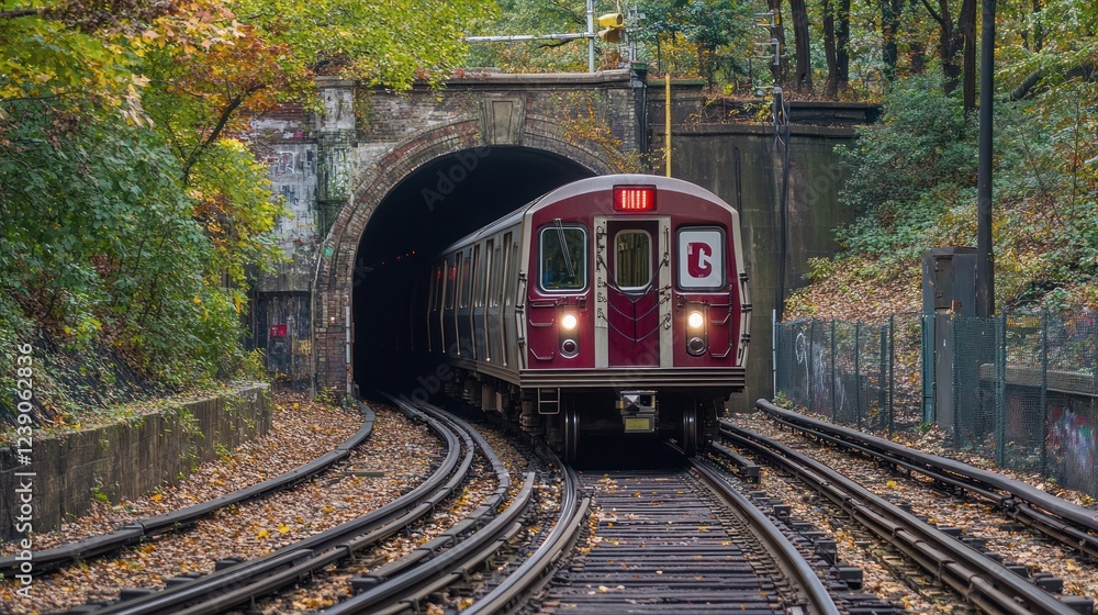 Fototapeta premium Subway Train Exiting Tunnel Autumn Landscape