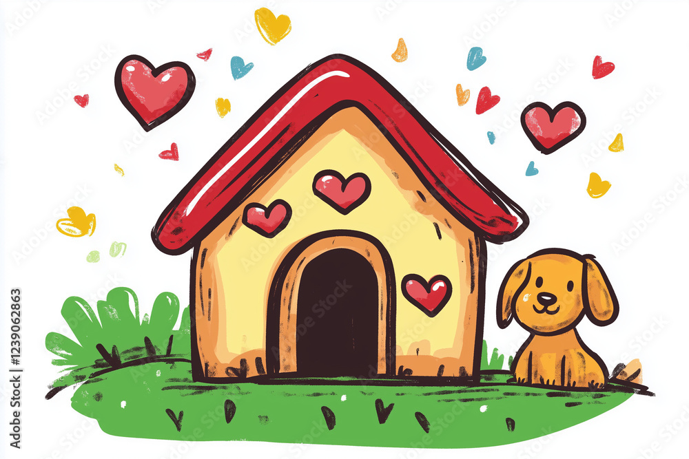 Fototapeta premium Cute dog house with hearts and cartoon puppy in vibrant garden illustration