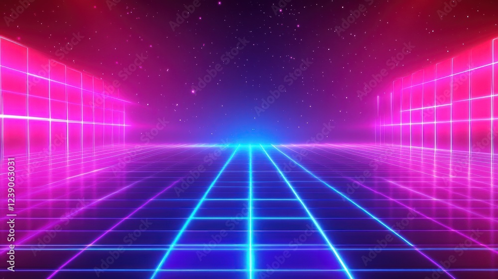 Retro futuristic neon grid landscape. Retro futuristic neon grid landscape.