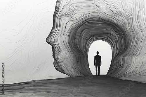 Wallpaper Mural Silhouetted figure walking through a tunnel shaped by flowing lines resembling a face during a surreal artistic representation Torontodigital.ca