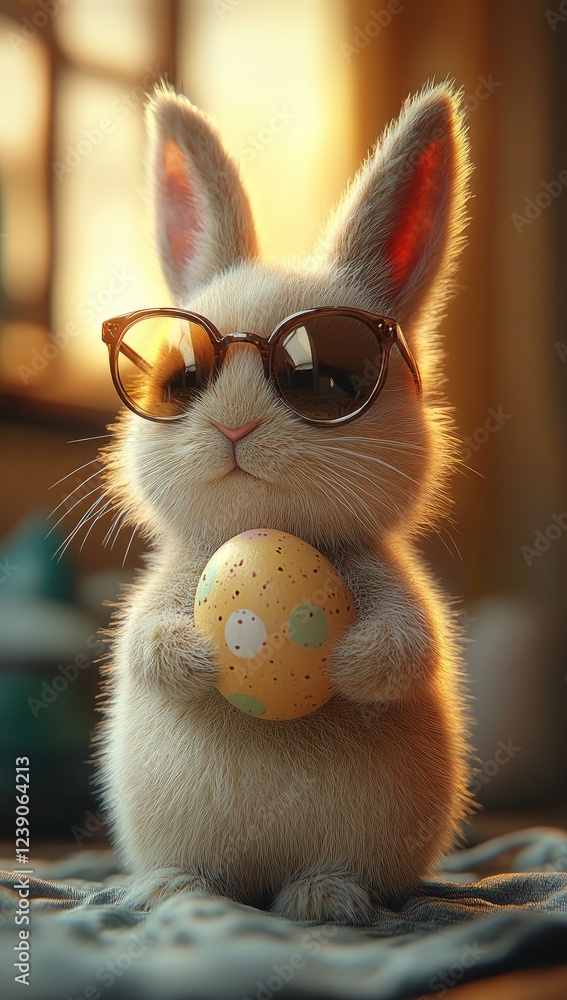 Fototapeta premium A fluffy white bunny rabbit wearing sunglasses holds a pastel Easter egg. The rabbit is depicted in a warm, sunlit interior setting with a blurred background. The image features a soft, detailed
