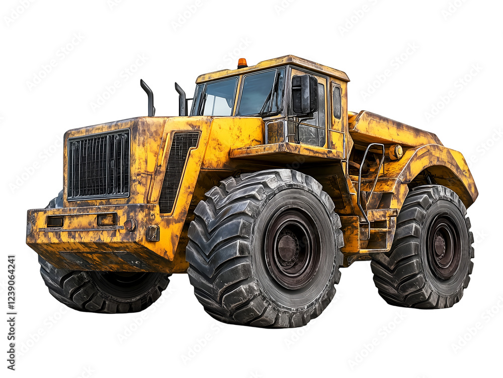 Rusty yellow heavy duty tractor isolated on transparent background, PNG, cut out Rusty yellow heavy duty tractor isolated on transparent background, PNG, cut out