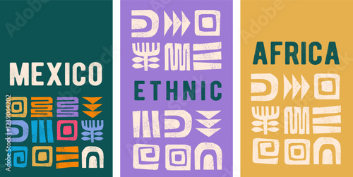 Abstract ethnic pictogram backgrounds. African boho art cards, posters, banners, covers design. Art elements, textured vertical design collections. Creative design