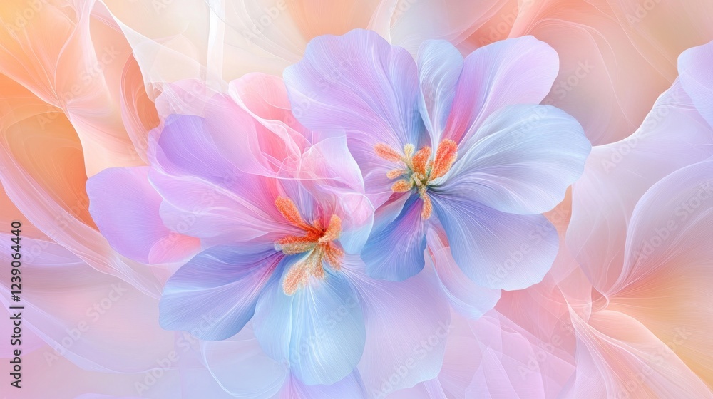 Fototapeta premium Pastel blue and pink flowers on soft, flowing background.