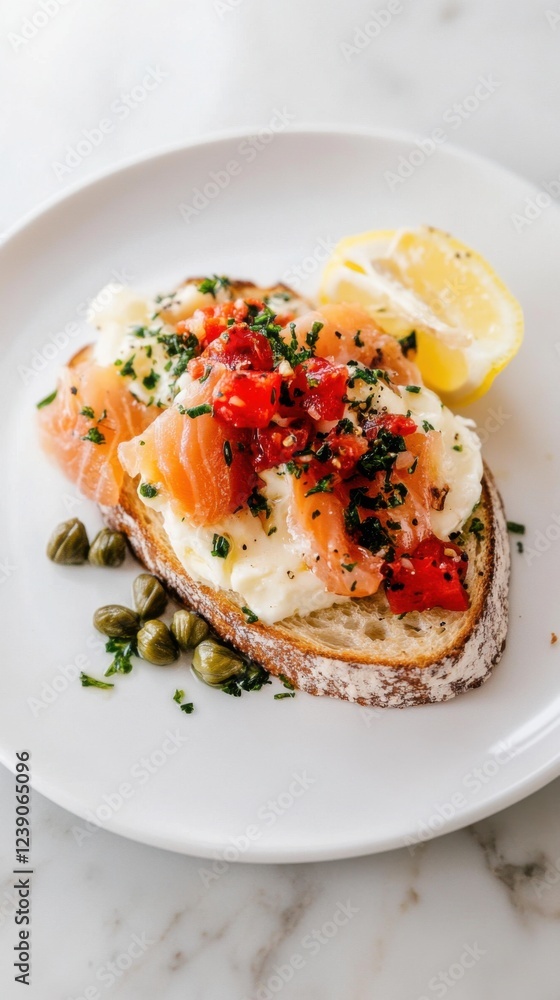 Gourmet toast with creamy cheese and fresh salmon served elegantly Gourmet toast with creamy cheese and fresh salmon served elegantly