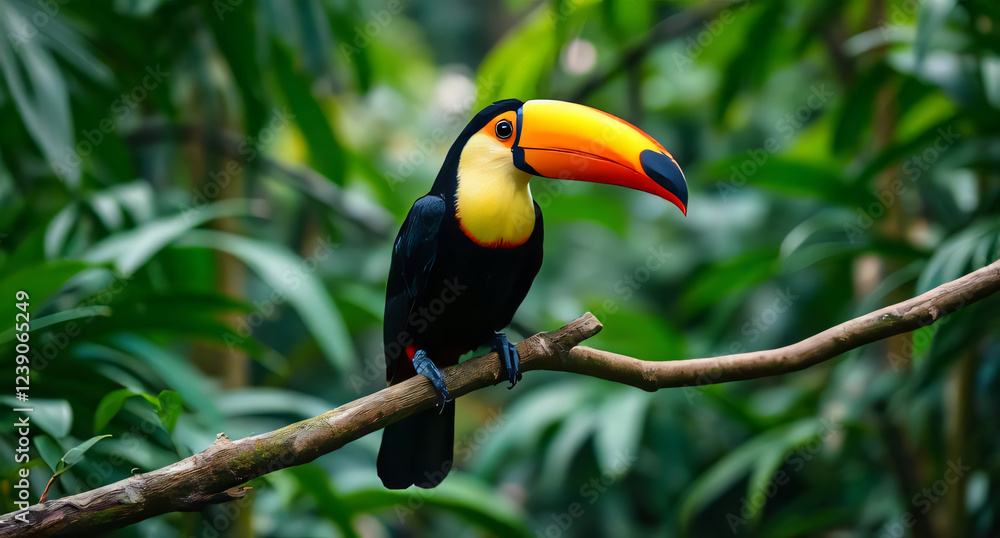 Beautiful colorful toucan bird on a branch in a rainforest Beautiful colorful toucan bird on a branch in a rainforest