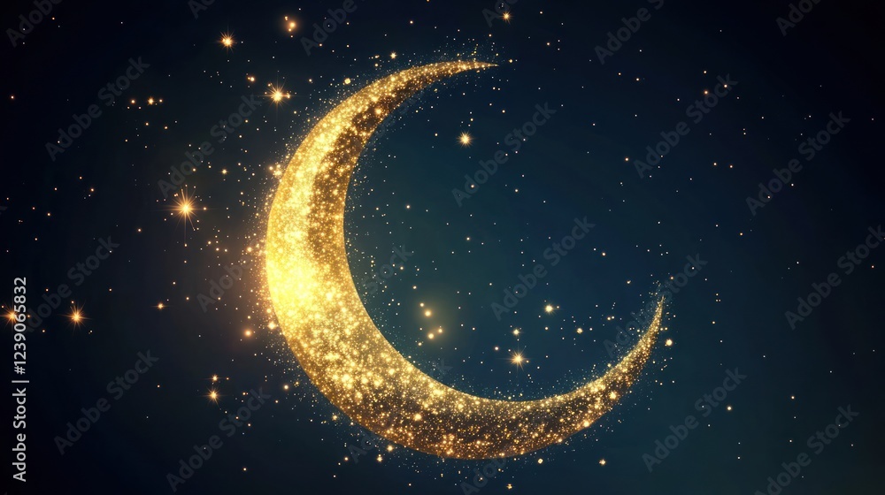 Golden crescent moon sparkles against a dark blue night sky, adorned with glittering stars. Golden crescent moon sparkles against a dark blue night sky, adorned with glittering stars.