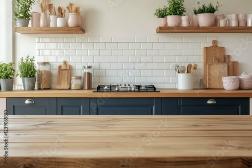 Minimal kitchen interior front view. Wooden table top with blurred modern home room background, perspective mockup front view