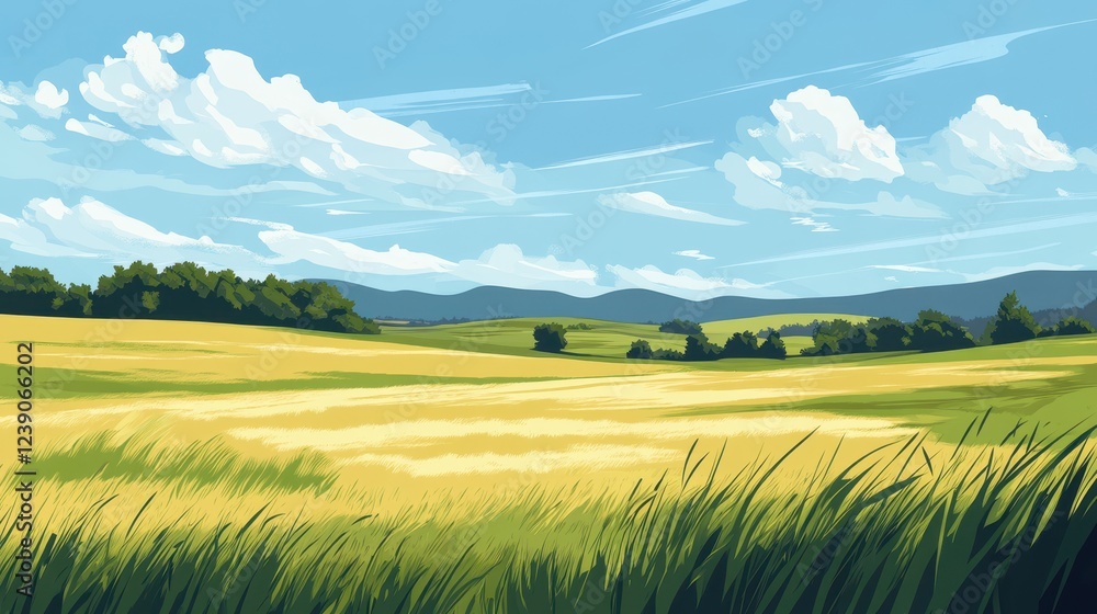 Fototapeta premium Serene Summer Landscape With Rolling Hills And Golden Fields