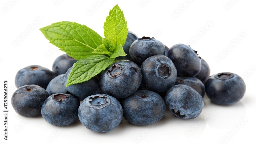 The image shows a pile of blueberries with a sprig of fresh mint leaves on top. The blueberries are dark blue in color and appear to be ripe and juicy. The image shows a pile of blueberries with a sprig of fresh mint leaves on top. The blueberries are dark blue in color and appear to be ripe and juicy.