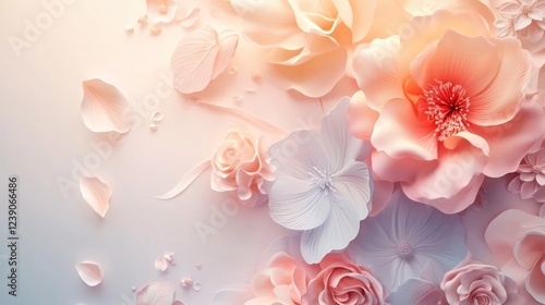 Pastel paper flowers, petals, and ribbons arranged artistically on a light background.