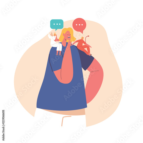 Woman Character Torn Between Good And Evil, With An Angel And Demon On Her Shoulders, Vector Illustration