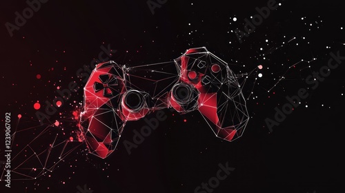 Abstract polygonal red and black game controller on dark background.
