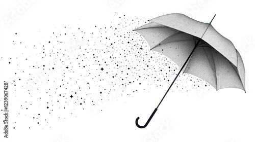 Disintegrating umbrella, pencil sketch style, isolated on white background.