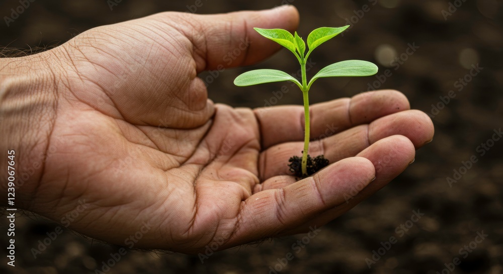 Seedling in Hand: A delicate seedling sprouts from rich soil, cradled gently in a weathered hand, symbolizing growth, nurturing, and the promise of new beginnings. Seedling in Hand: A delicate seedling sprouts from rich soil, cradled gently in a weathered hand, symbolizing growth, nurturing, and the promise of new beginnings.