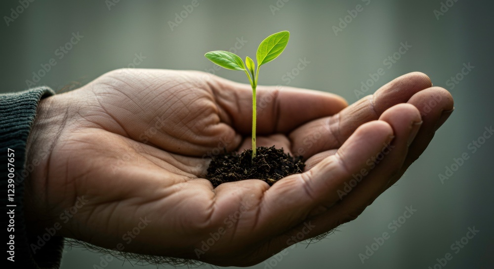 Nurturing New Life: A hand cradles a tiny seedling, its delicate green leaves reaching for the sun, symbolizing growth, hope, and the potential for a brighter future. Nurturing New Life: A hand cradles a tiny seedling, its delicate green leaves reaching for the sun, symbolizing growth, hope, and the potential for a brighter future.
