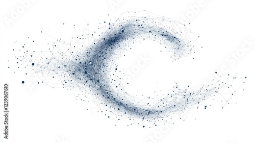 Abstract swirling particle network forming a C-shape on white background.