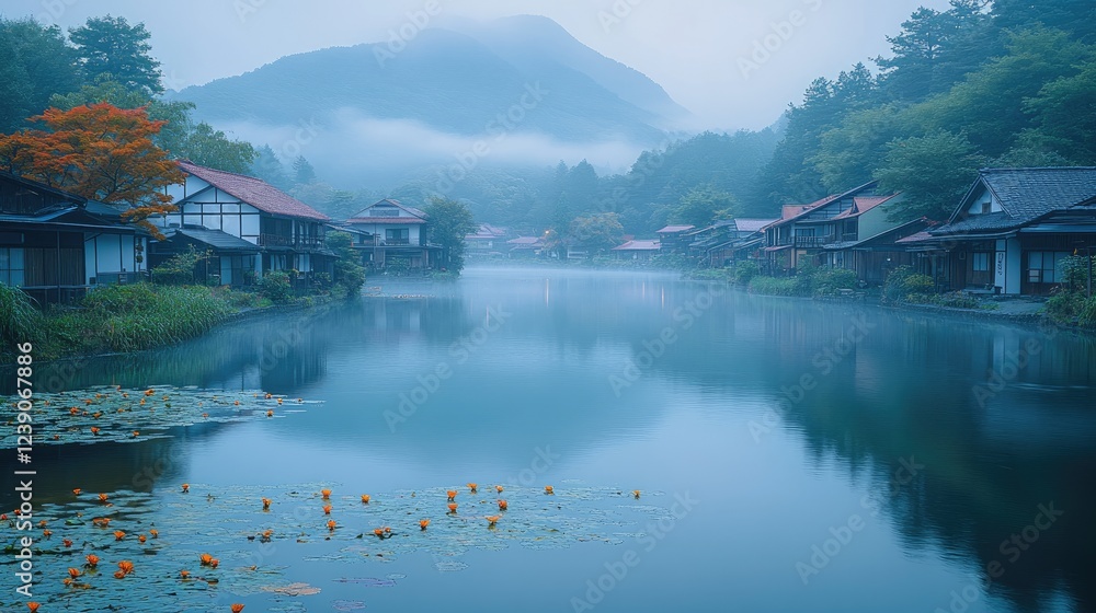 Fototapeta premium A tranquil river runs through a picturesque mountain village,